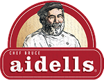 image features the Aidells logo with a sketched illustration of a chef under a red arch. The text 'Chef Bruce' and 'aidells' is clearly visible in white on a red background
