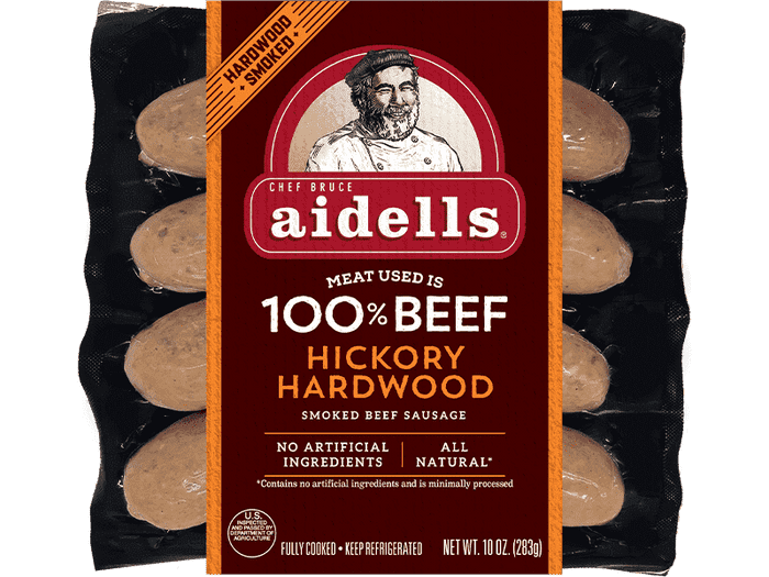 ALL NATURAL 100 BEEF HICKORY HARDWOOD SMOKED BEEF SAUSAGE Aidells